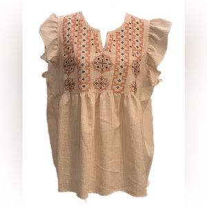 L Love Seersucker Cross-stitch Pattern Ruffle Sleeve Empire Waist Top Large